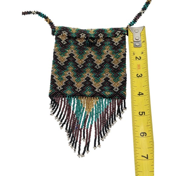 Beaded Bag Medicine Pouch Boho Hand Made Beautiful Pattern Purple Green Gold - Picture 9 of 10